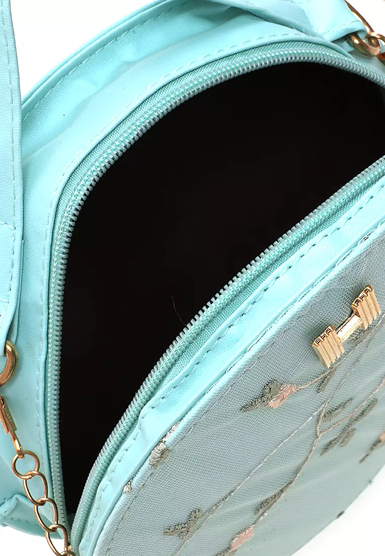 Werlyn Tas Selempang Wanita Floral Round Slingbag Casual Large Storage Material Leather Kulit ORIGINAL - Green