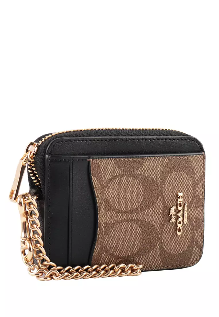 Buy Coach Coach Zip Card Case In Blocked Signature Canvas Brown/Black