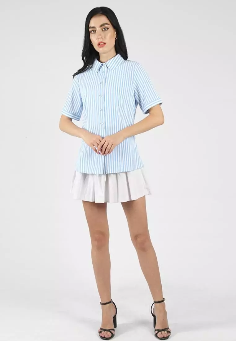 Kemeja Lengan Pendek Pierre Cardin Wanita Aleena Stripe Blue