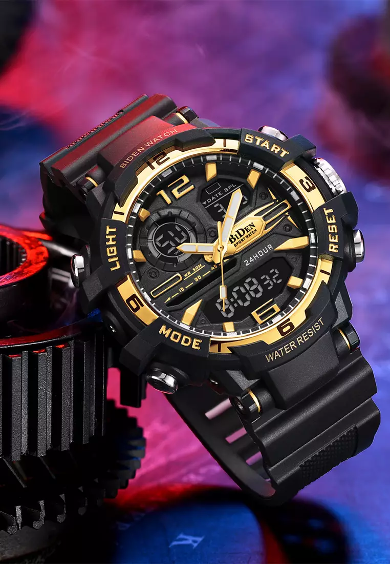 Jam Tangan Pria Digital&Analog Olahraga Pria Tahan Air Luminous Jam Tali Silikon Warna Emas