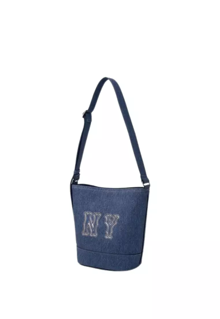 Jual MLB Korea Basic Mega Logo Denim Bucket Bag NY Indigo