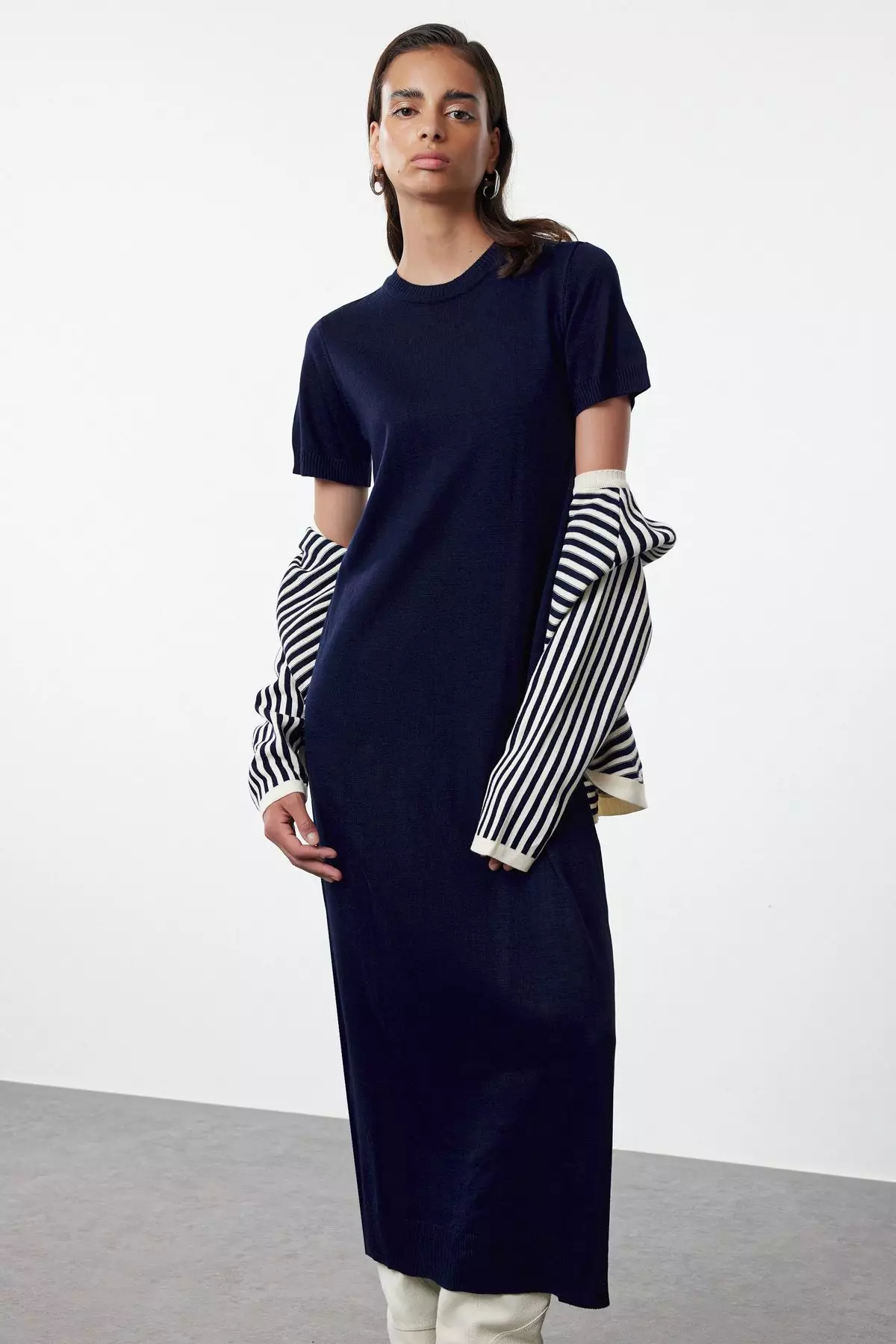 Trendyol Navy Blue Striped Knitwear Cardigan Dress Set