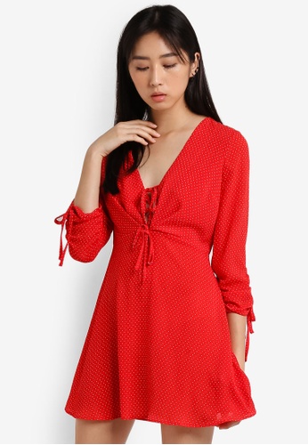 TOPSHOP - Red Spot Floral stretch-crepe tea dress | Selfridges.com