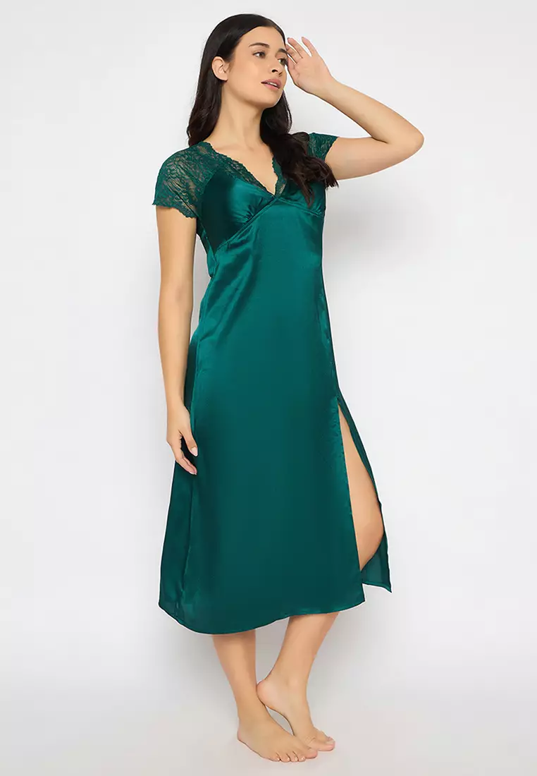 Clovia Chic Basic Padded Night Dress in Dark Green - Satin