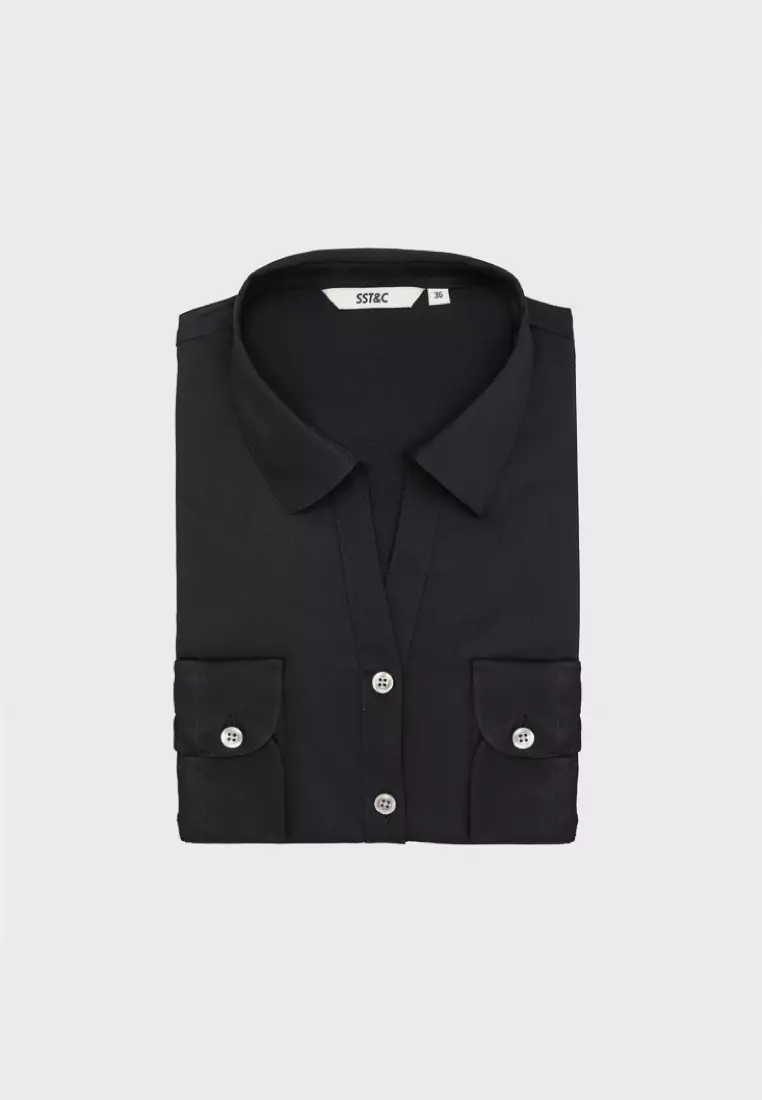 黑色V領修身版長袖襯衫