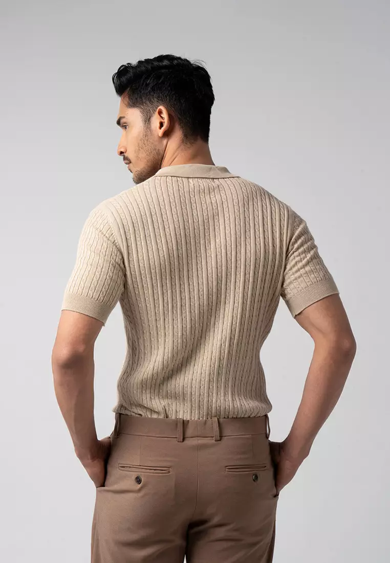 Mens Cable Knit Cotton Polo Beige