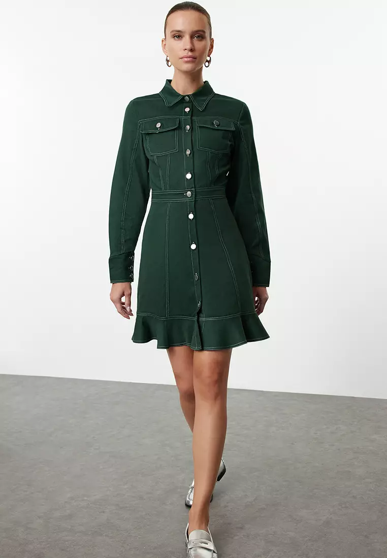Khaki Mini Shirt Dress Button And Sewing Detail
