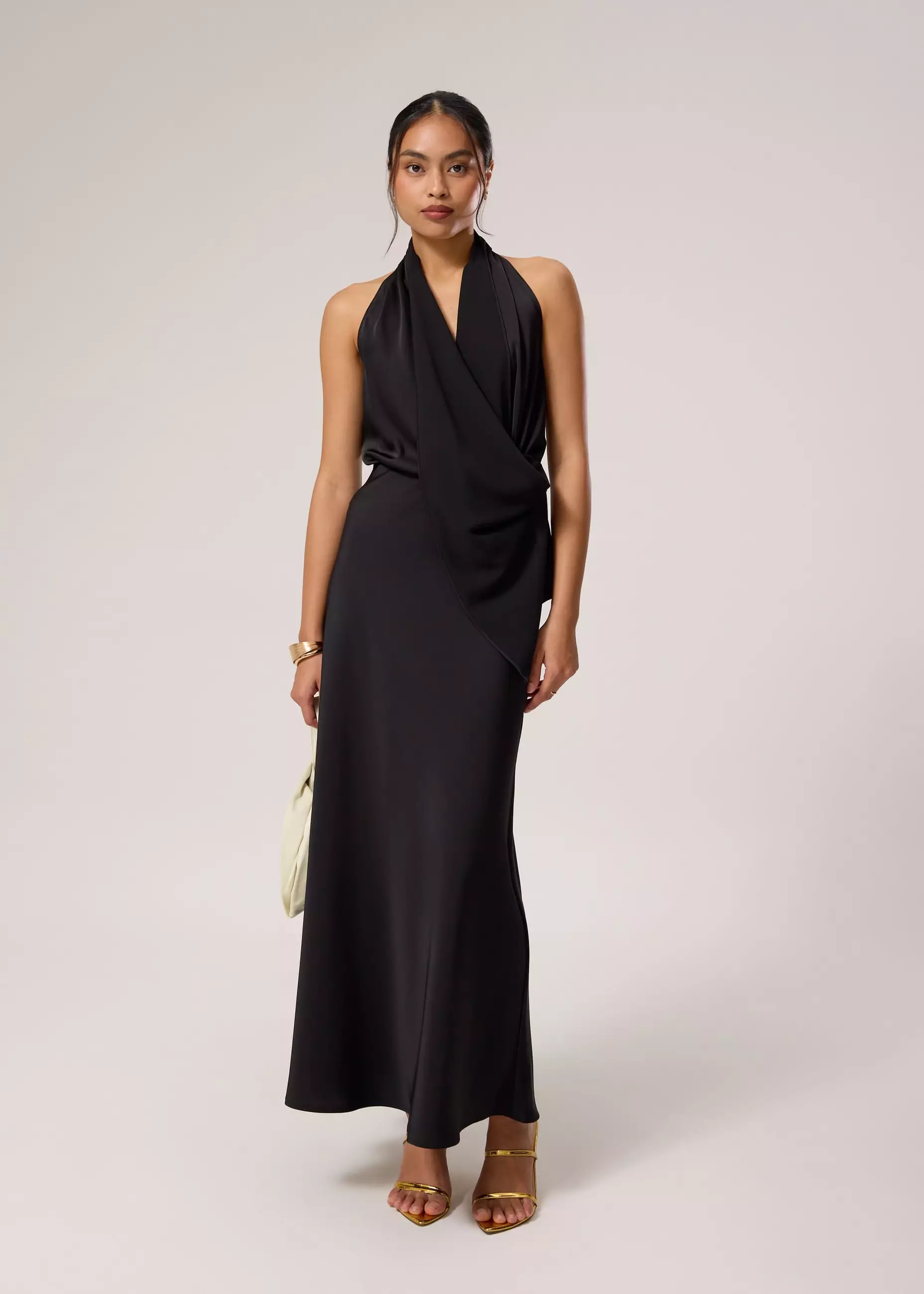 Atasan Wanita - Satin Cowl Neck Halter Fitted Top