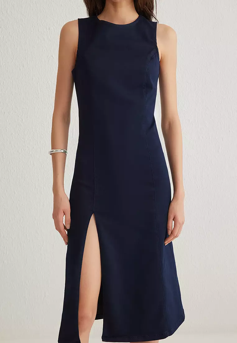 Dark Blue Slit Midi Denim Dress