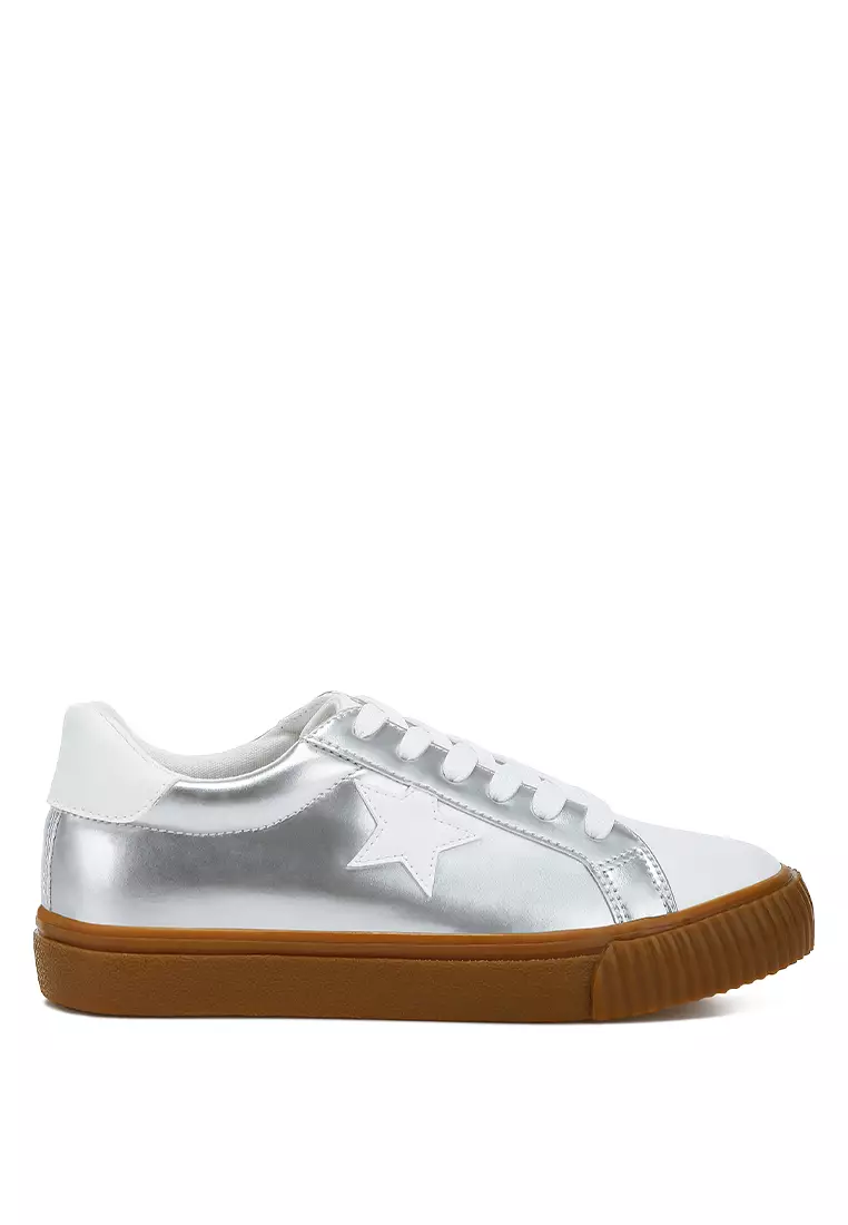 Discount on London Rag  shoes - SKU: Metallic Faux Leather Star Sneakers in Silver