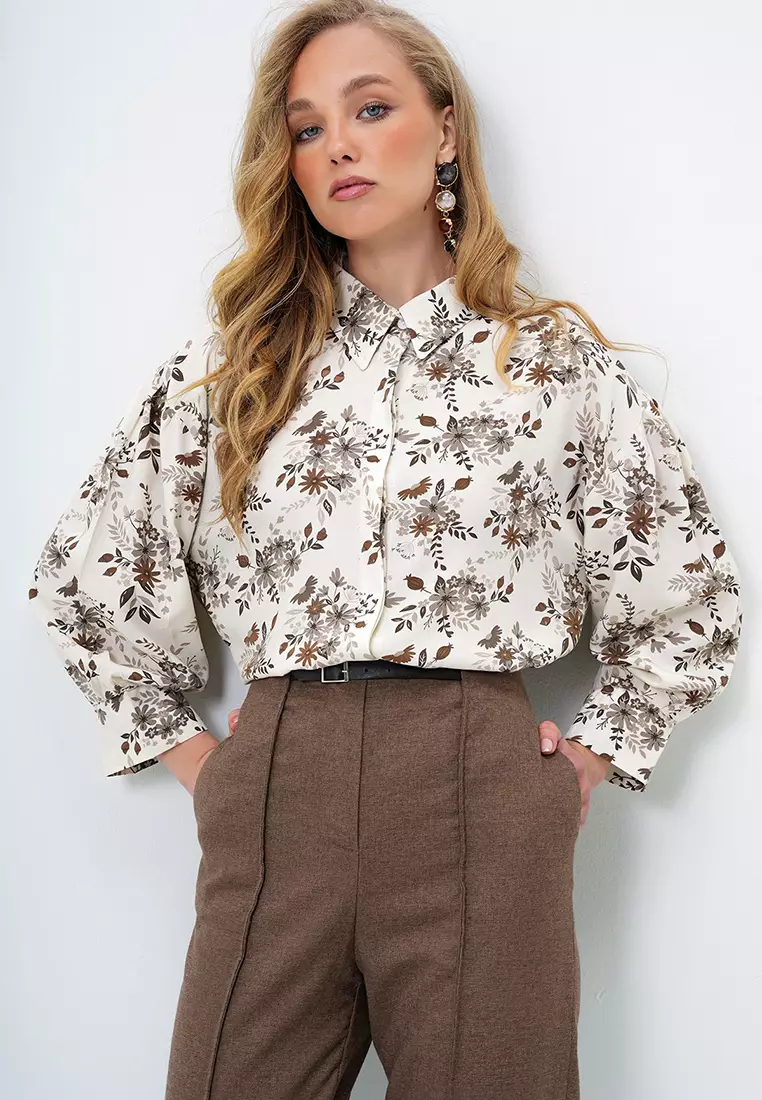 Women's Brown Floral Balloon Sleeve Patterned Printed Viscon Woven Shirt Alc-X9654
