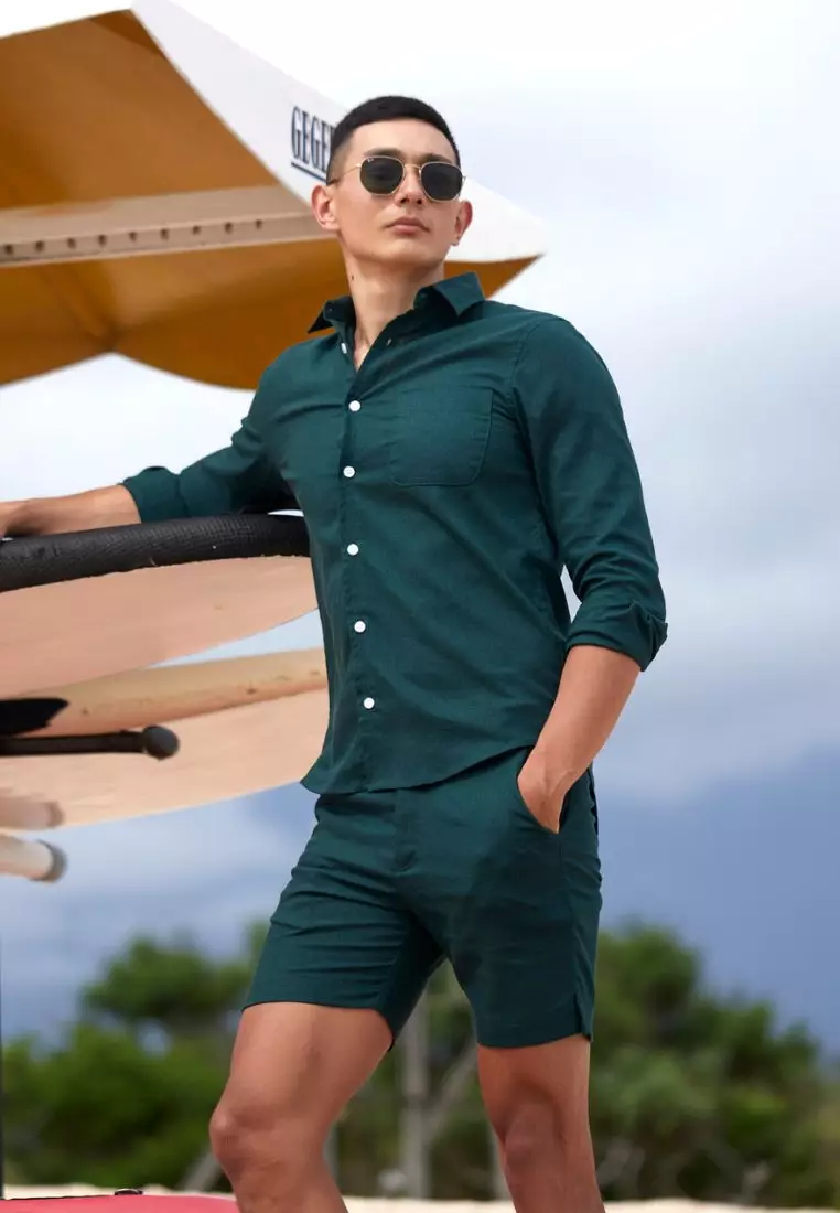 Emerald Set Kemeja Celana Linen Pria Hijau Tua | Linen Set Men Dark Green