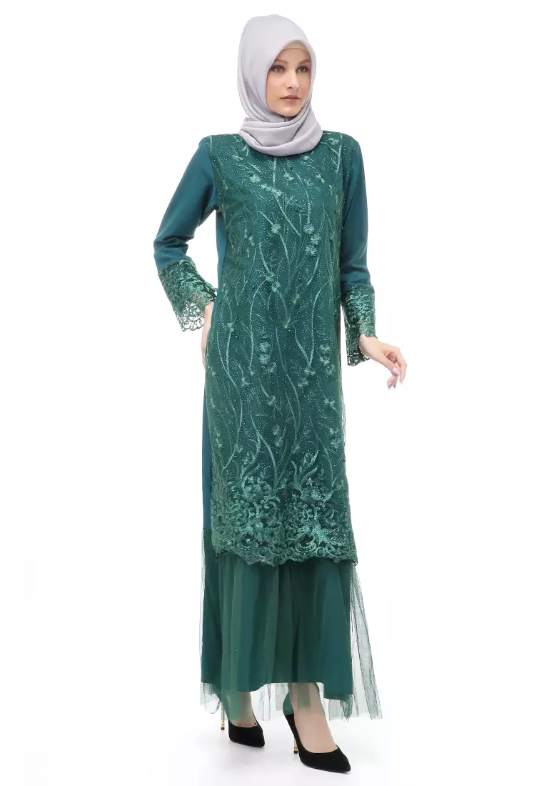 Diana Gamis Brukat Wanita Muslimah Lapis Moscrepe Premium Quality - Hijau Botol