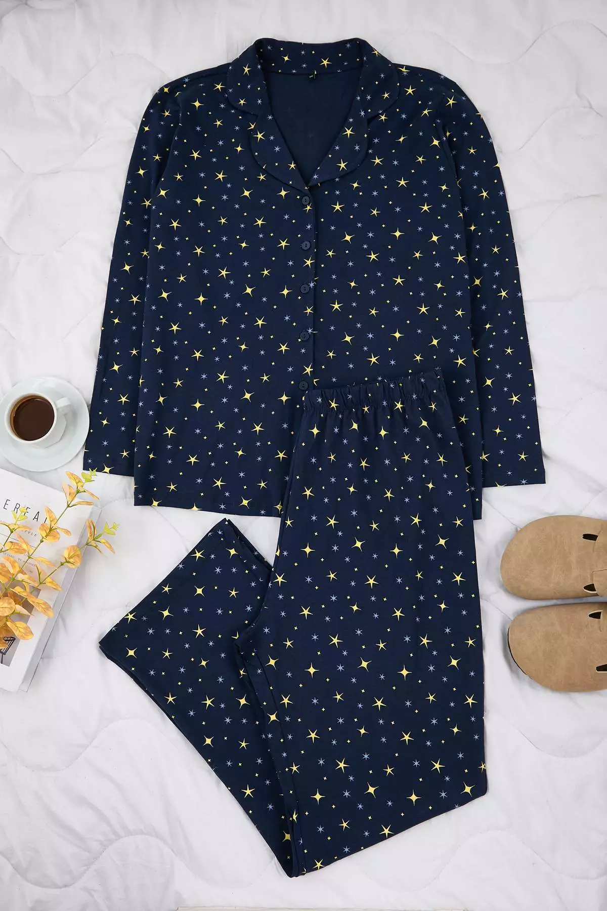Navy Blue 100% Cotton Galaxy Pattern Shirt-Pants Knitted Pajamas Set Tbbaw26Ai00017