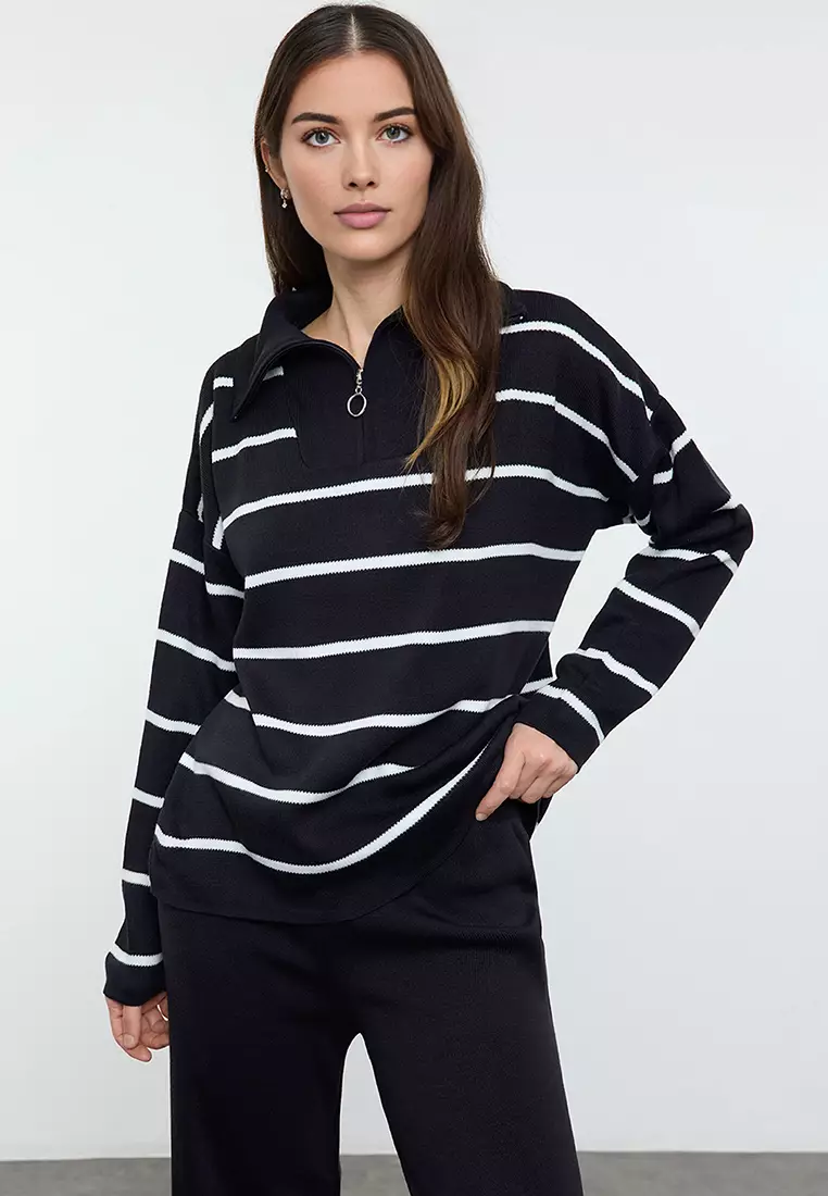 Navy Blue Wide Cut Zippered Knitwear Top-Bottom Set TWOAW24AU00025