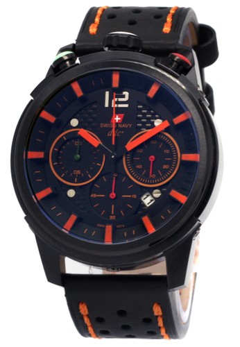 Swiss Navy Chronograph 8919 - Jam Tangan Pria - Genuine Leather - Black Orange