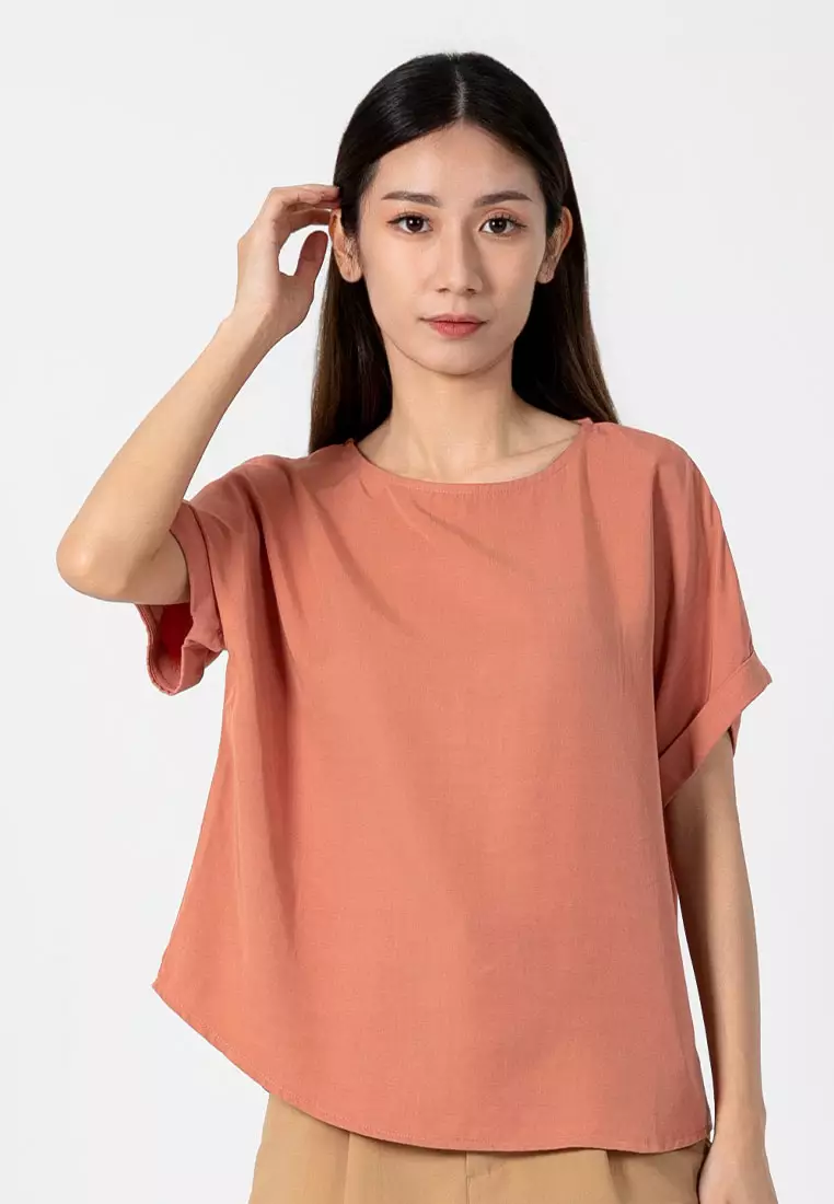 Forest Ladies Rayon Lyocell Casual Plain Blouse Women Short Sleeve Blouse - 822416-68Coral