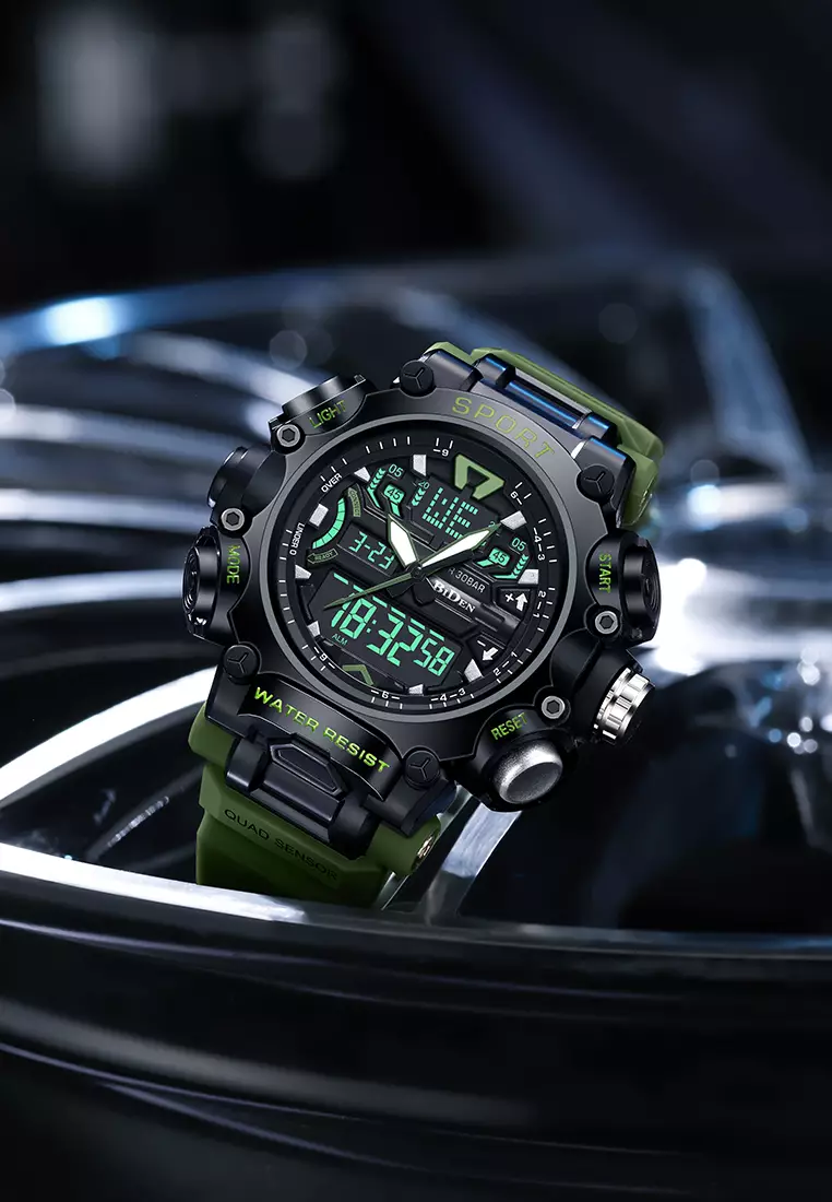 Jam Tangan Pria Digital Anti Air Original Olahraga Multifungsi Bercahaya Alarm Jam Tangan Cowok green
