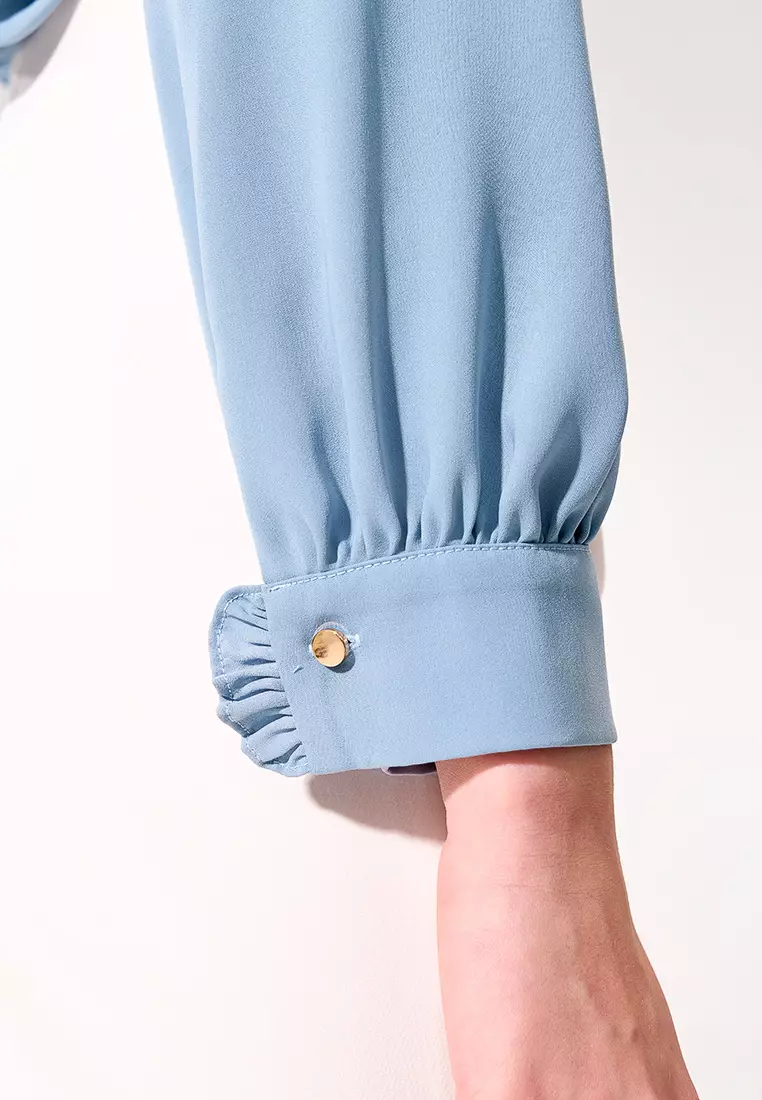 Sky Blue Pleated Cuffs Long Sleeve Top