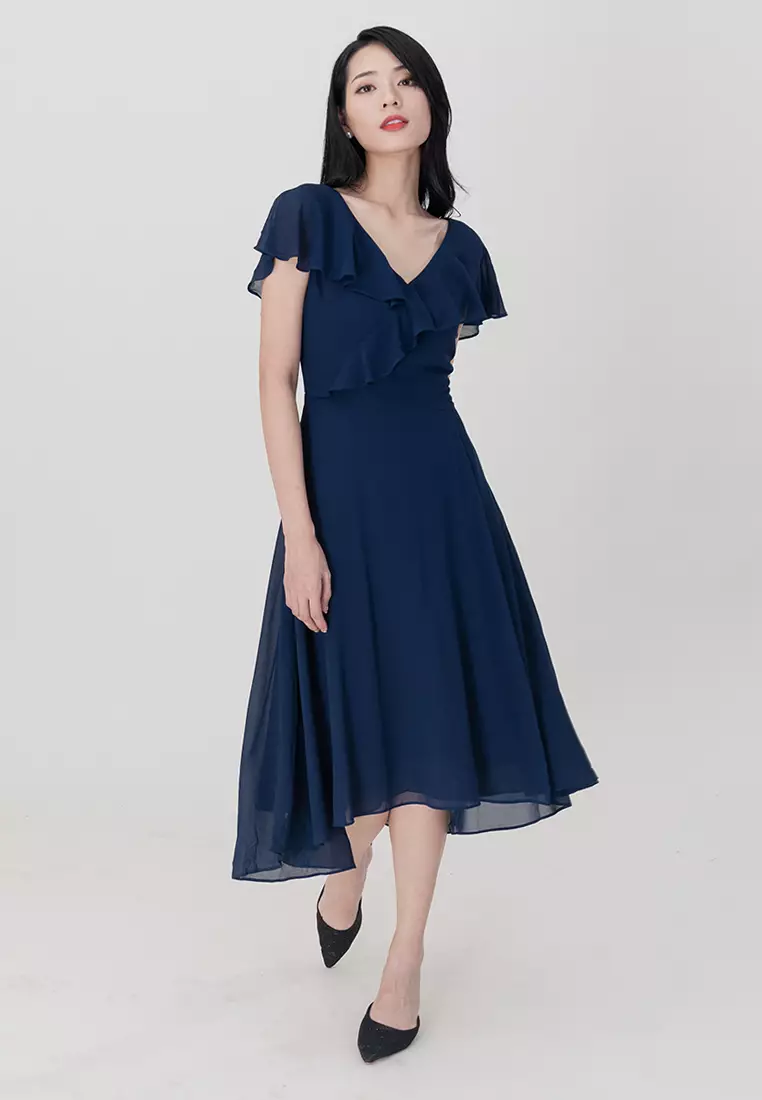 V-Neckline Chiffon Midi Dress
