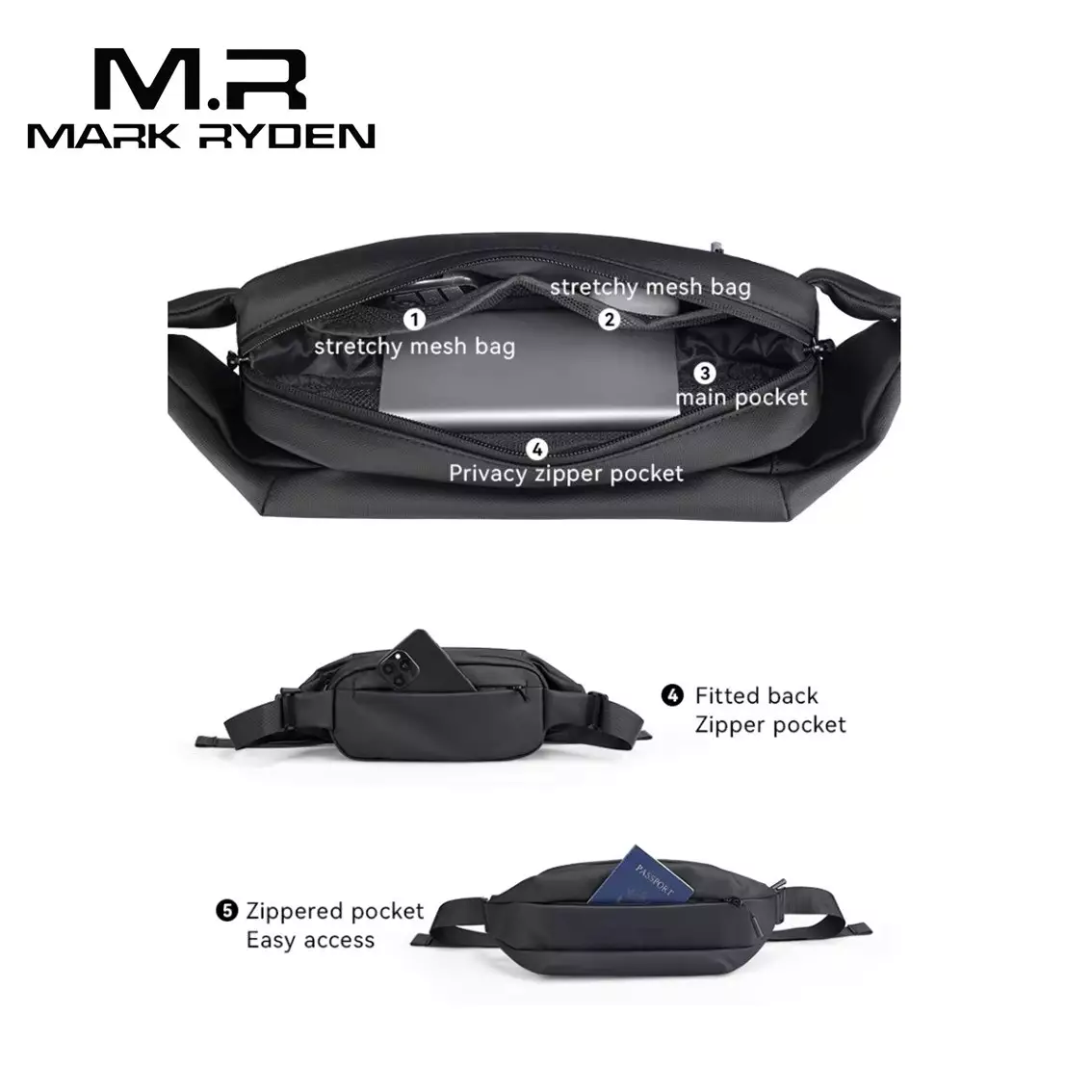 Mark Ryden Tas Selempang Pria Crossbody Waist Bag Sling Bag MR532 - BLACK