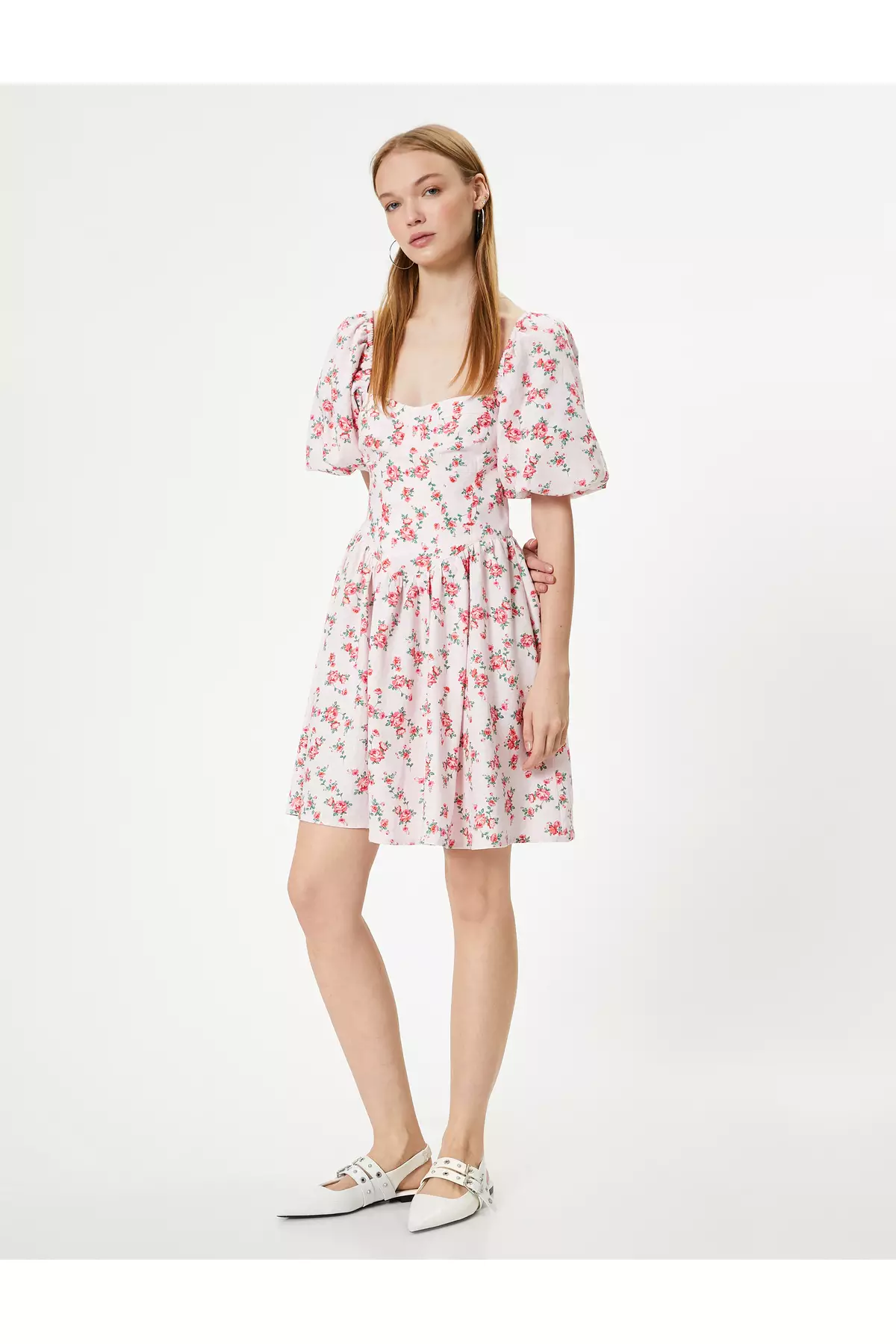 Floral Balloon Sleeve Linen Dress Mini Length Sweetheart Neckline
