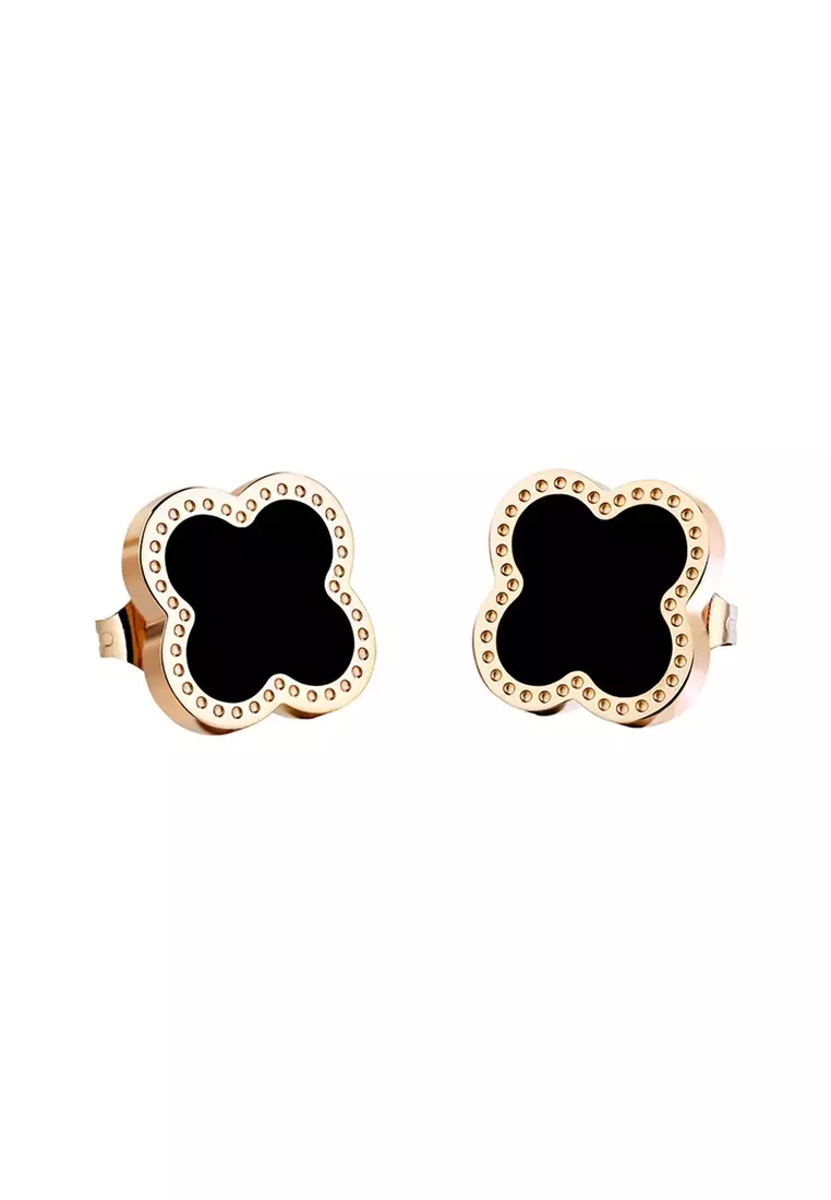 Adele Four Leaf Clover with Black Ceramic Inlay Stud Earrings (11mm) in Rose Gold