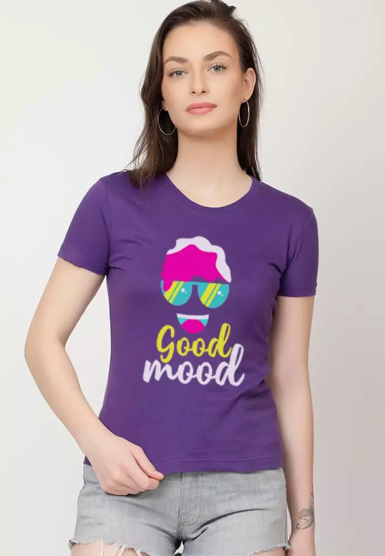 Good Mood Relaxed Short Sleeve Stylish Purple Cotton Casual Graphic Print Tee/TShirt