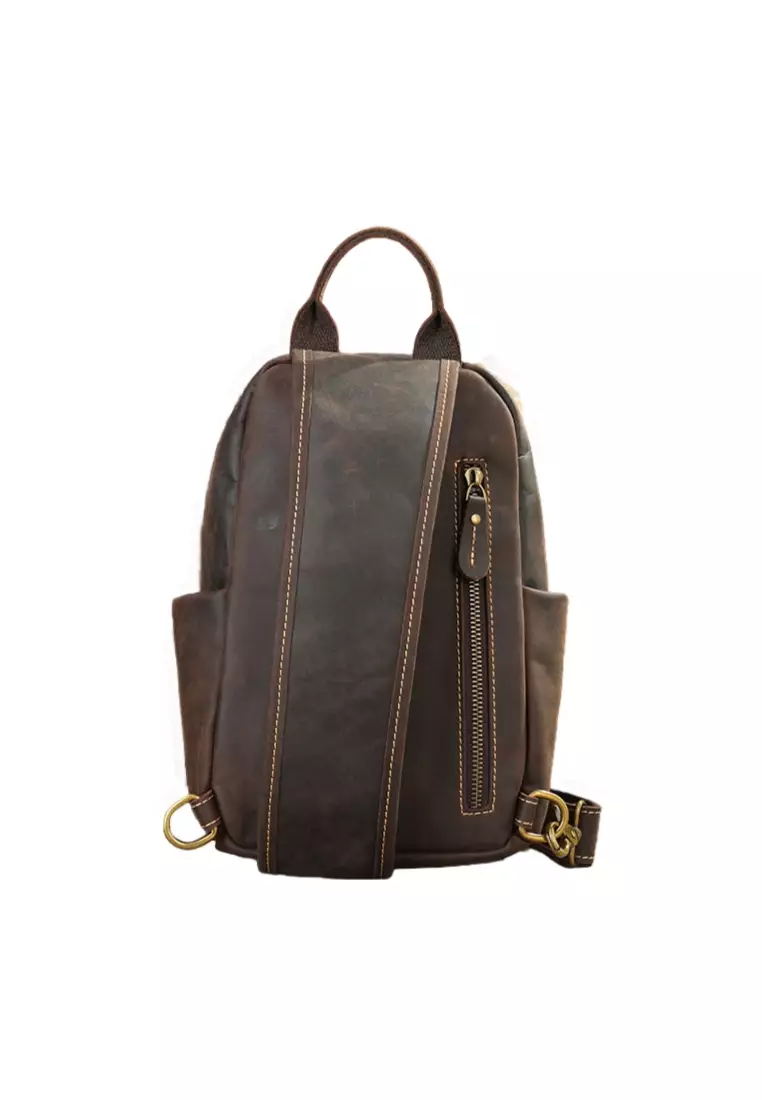 Men's Crazy Horse Cow Leather Zipper Belt Bags Chest Bags