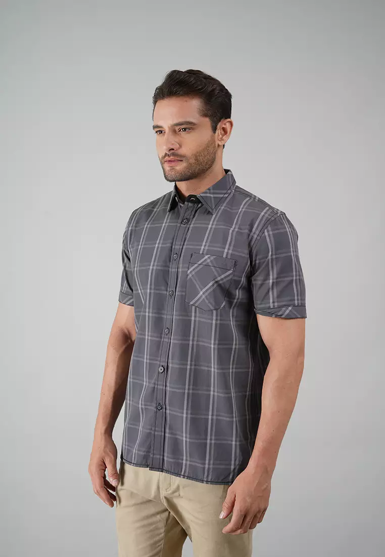 LGS - Kemeja Casual Pria - Lengan Pendek - Motif Kotak-Kotak - Abu-Abu - CSH.270.S570.1273.C