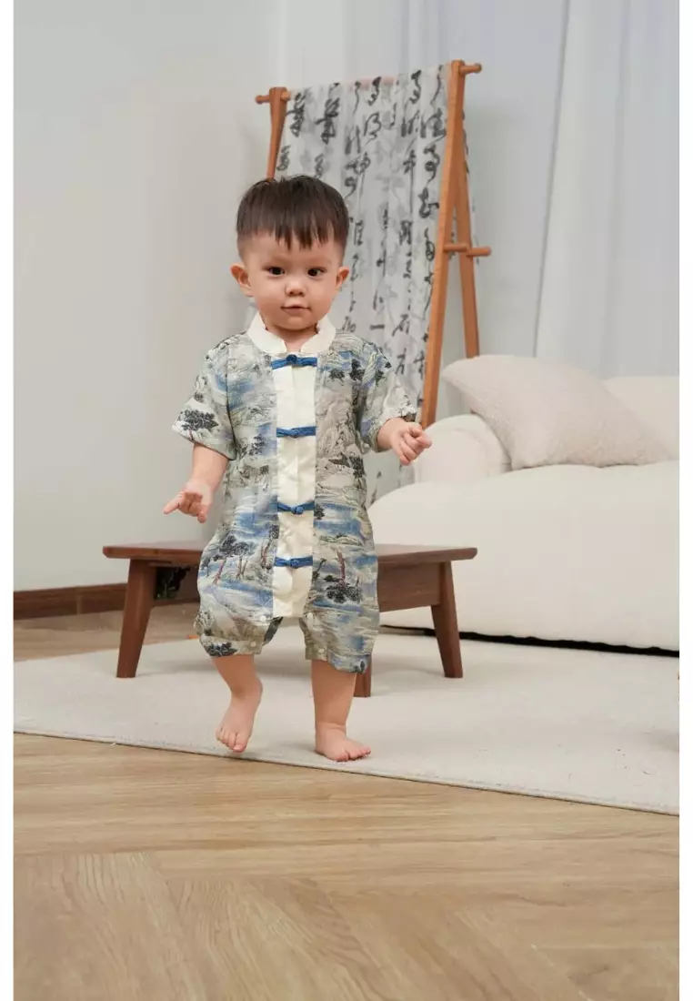 中國風景畫山水房屋嬰兒男孩唐裝漢服連身褲0840