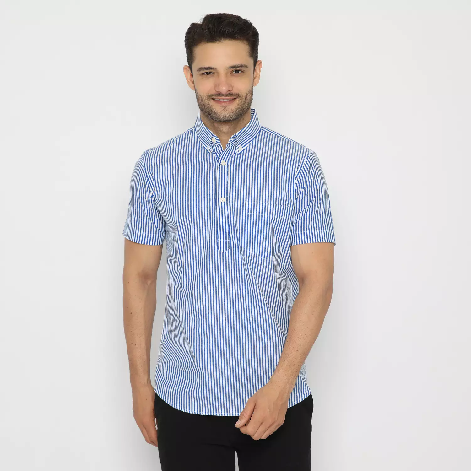 Platini Kemeja Salur Pria Lengan Pendek Biru Tua Katun 73259