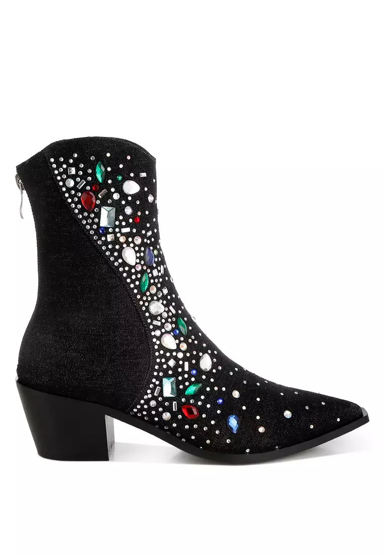 Multi Color Stones Embellished Boots in Black
