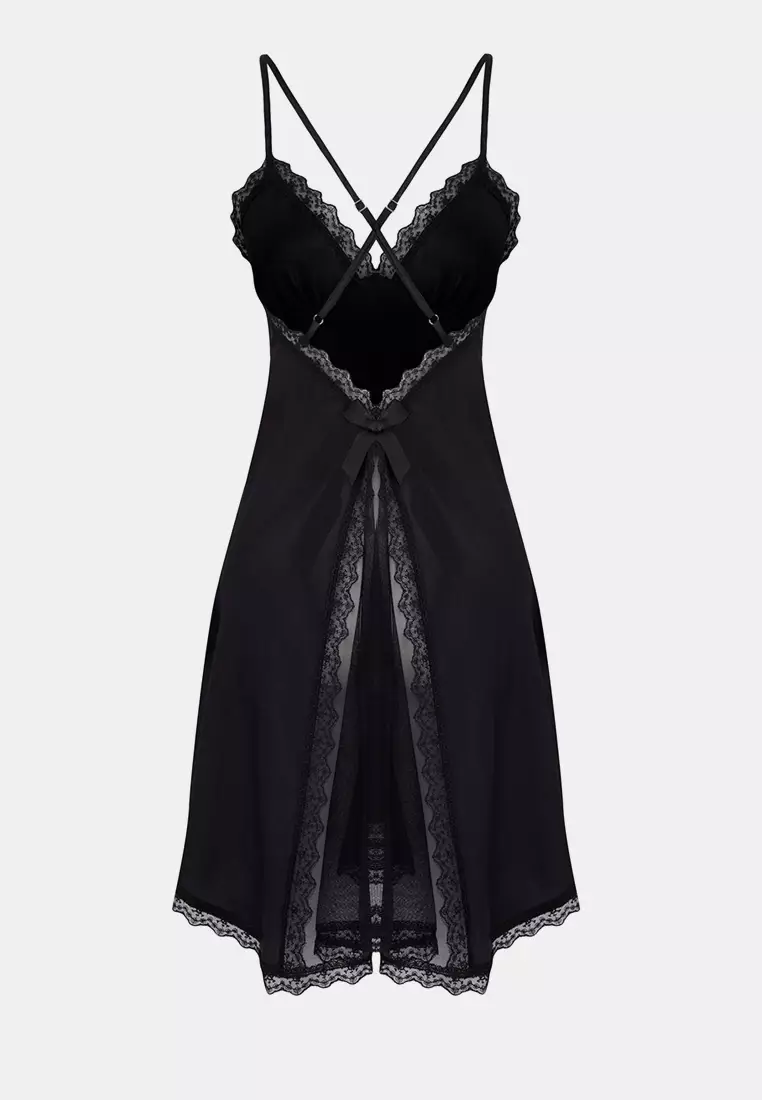 Black Slit Tulle And Lace Detailed Satin Strapless Babydoll/Fantasy Nightgown