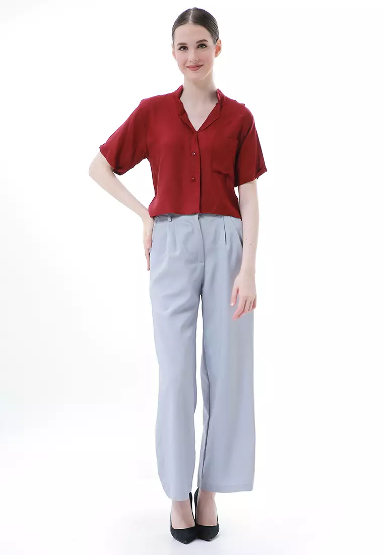Melinda Kemeja Crop Top Atasan Wanita Motif Polos Relaxed Fit - Maroon