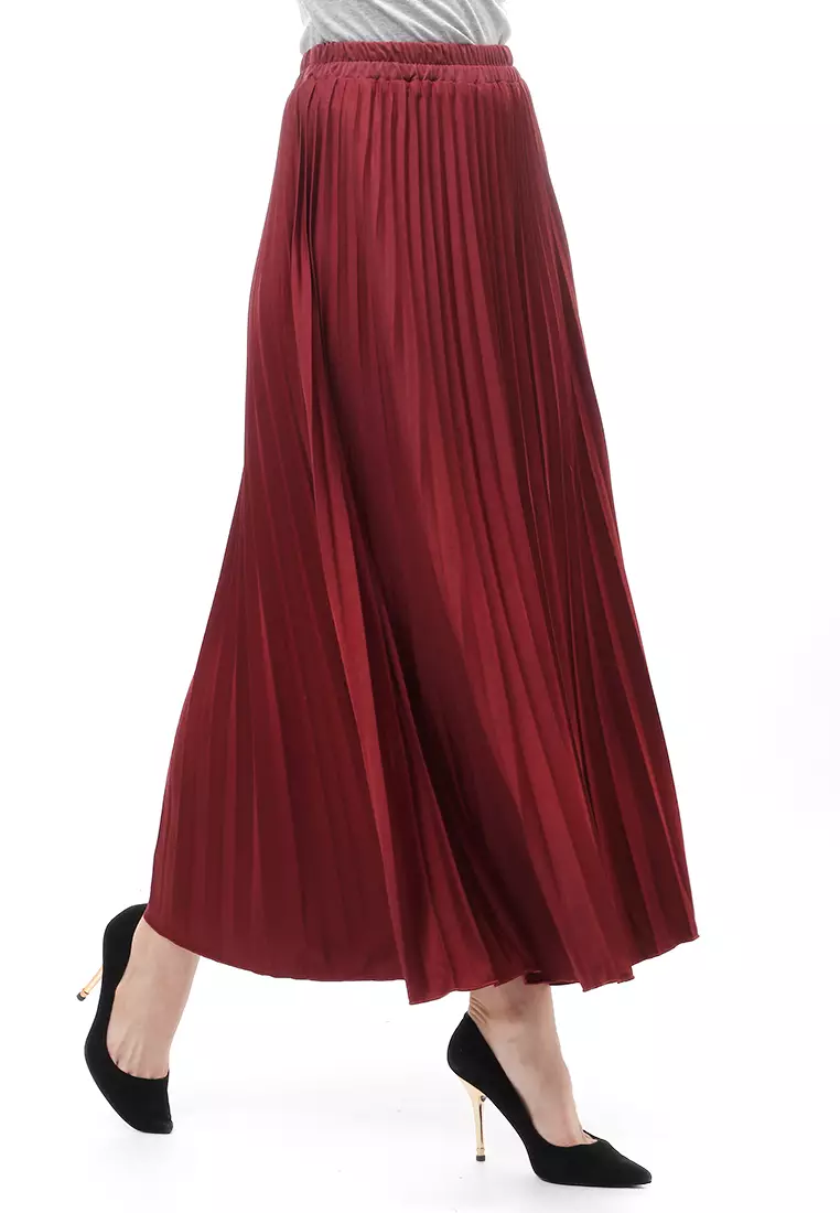 Skirt Plisket Bawahan Wanita Motif Polos Relaxed Fit - Maroon