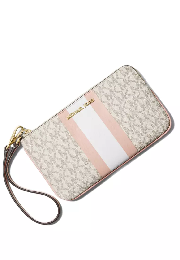 Jet set travel large logo stripe wristlet clearance