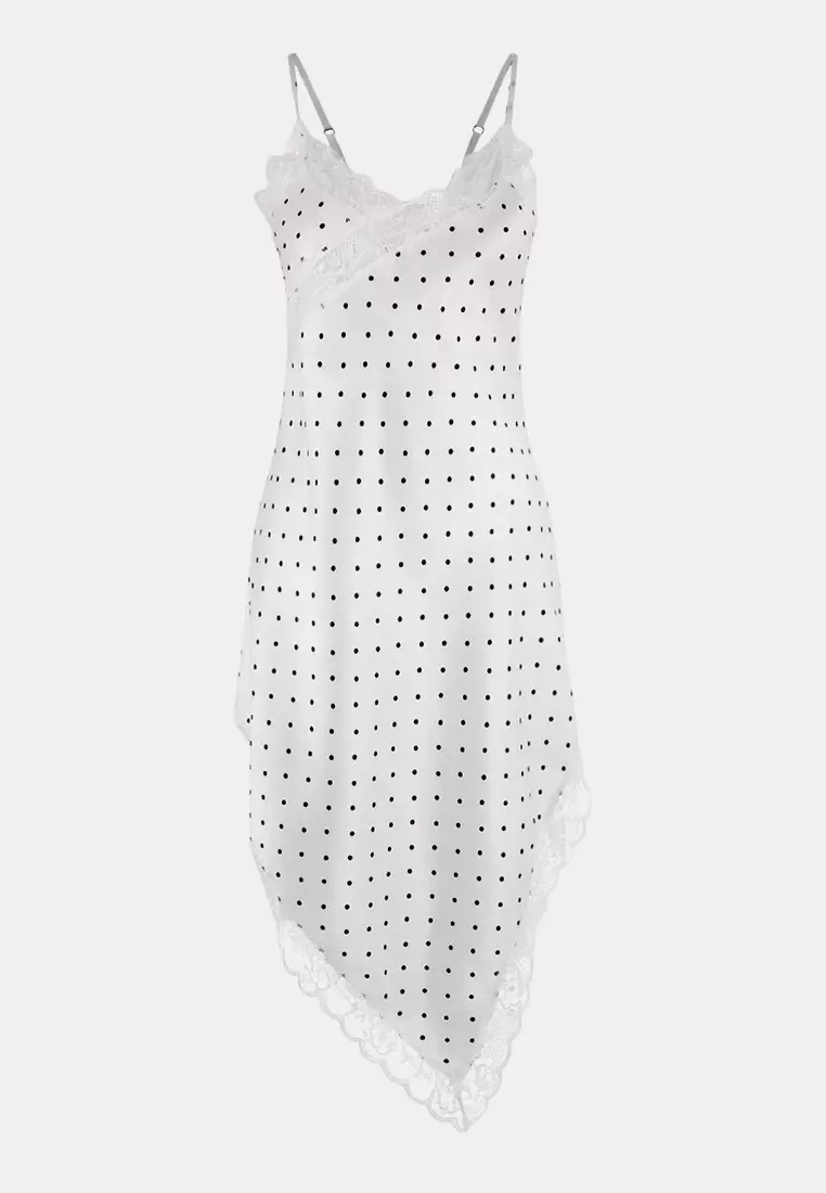 Black-White Polka Dot Patterned Asymmetrical Lace Detailed Satin Woven Nightgown Thmss26Gc8