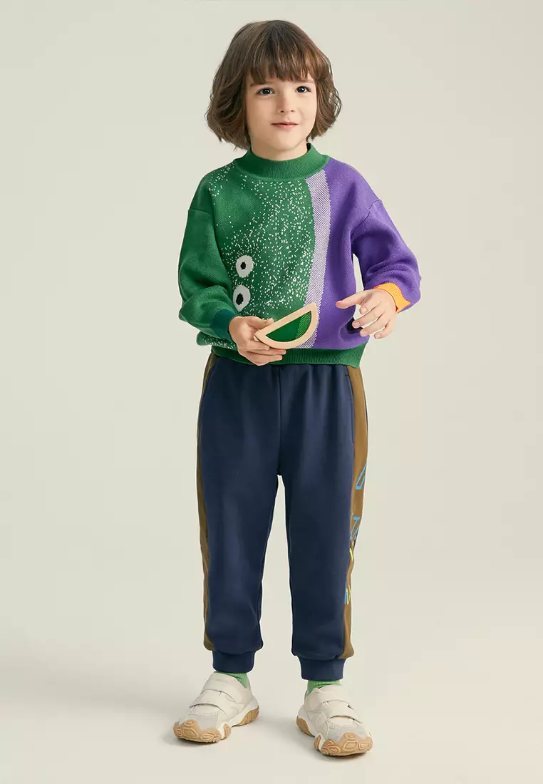 男小童休闲裤拼接印花针织长裤