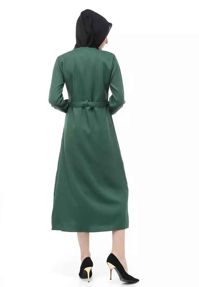 Berliana Gamis Muslimah Wanita With Belt Motif Polos Long Sleeve Relaxed Fit - Army