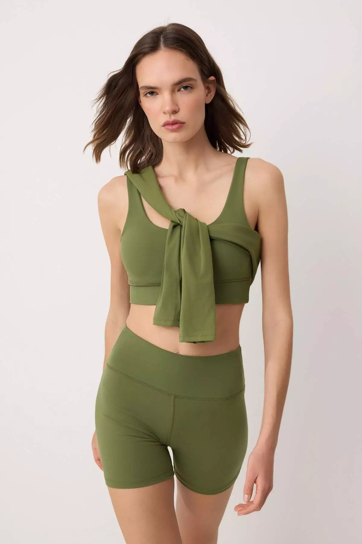 Khaki Brushed Soft Fabric Inner Waist Pocket Detailed Knitted Sports Shorts/Short Leggings Thmss24Ty2