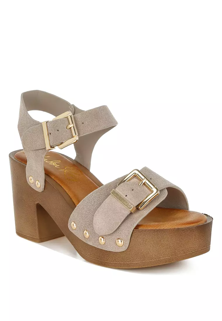 Real Suede Leather Clog Sandals In Beige