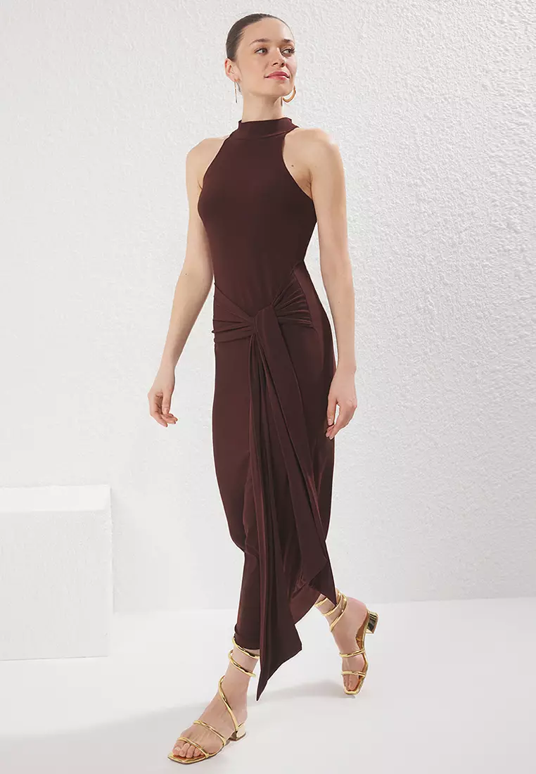 Brown Belt Detail Halter Neck Bodycone/Fits Body Stretch Maxi Knit Dress TWOSS25EL00689