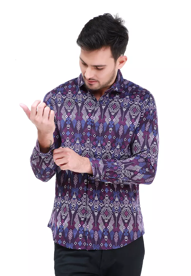 Dwan Kemeja Batik Pria Atasan Formal Longsleeve Shirt Material Cotton ORIGINAL - Purple