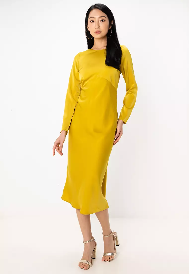 Satin Long Sleeve Maxi Dress With Drawstring Back