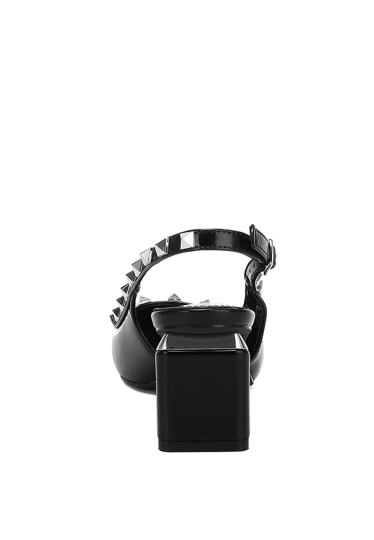 Stud Embellished Slingback Sandals in Black