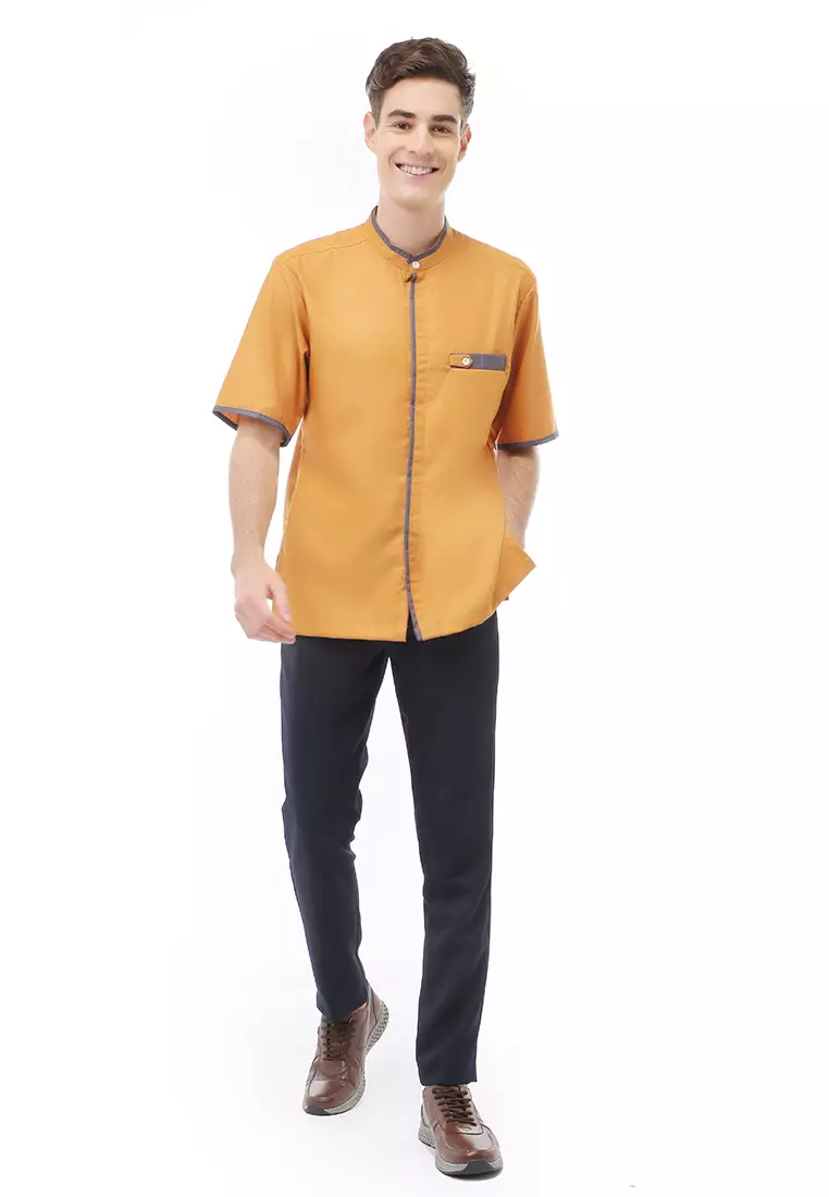 Dwan Atasan Formal Pria Kemeja Koko Polos Lengan Pendek Material Cotton ORIGINAL - Yellow