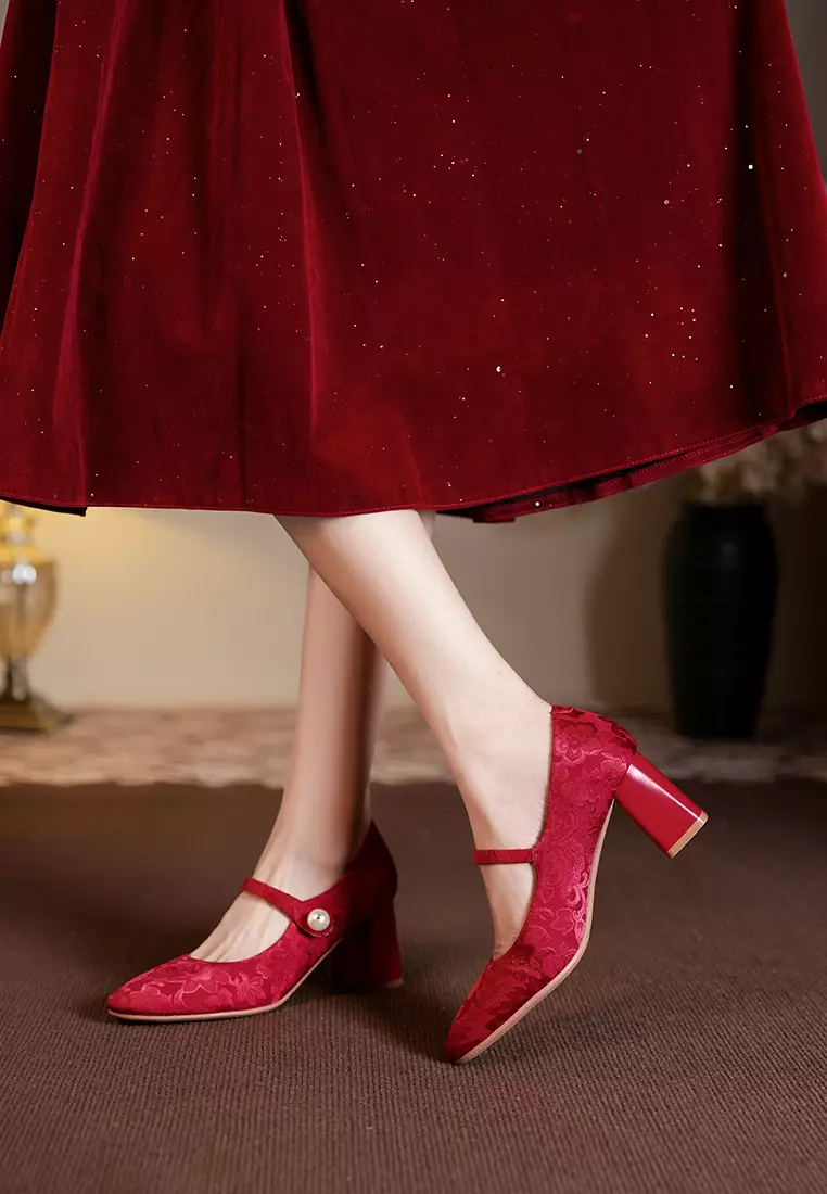 7CM Pearl Strap Cotton Print Mary Jane Shoes BY664-58