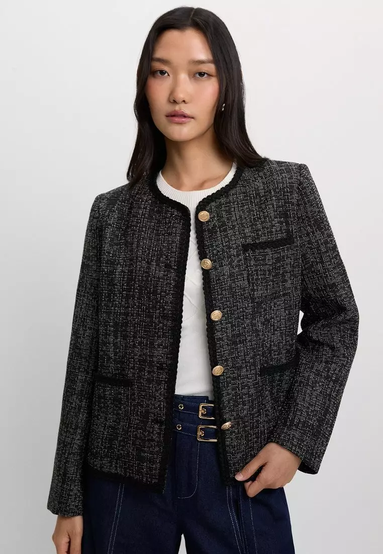 Tweed Contrast Trim Jacket - Black