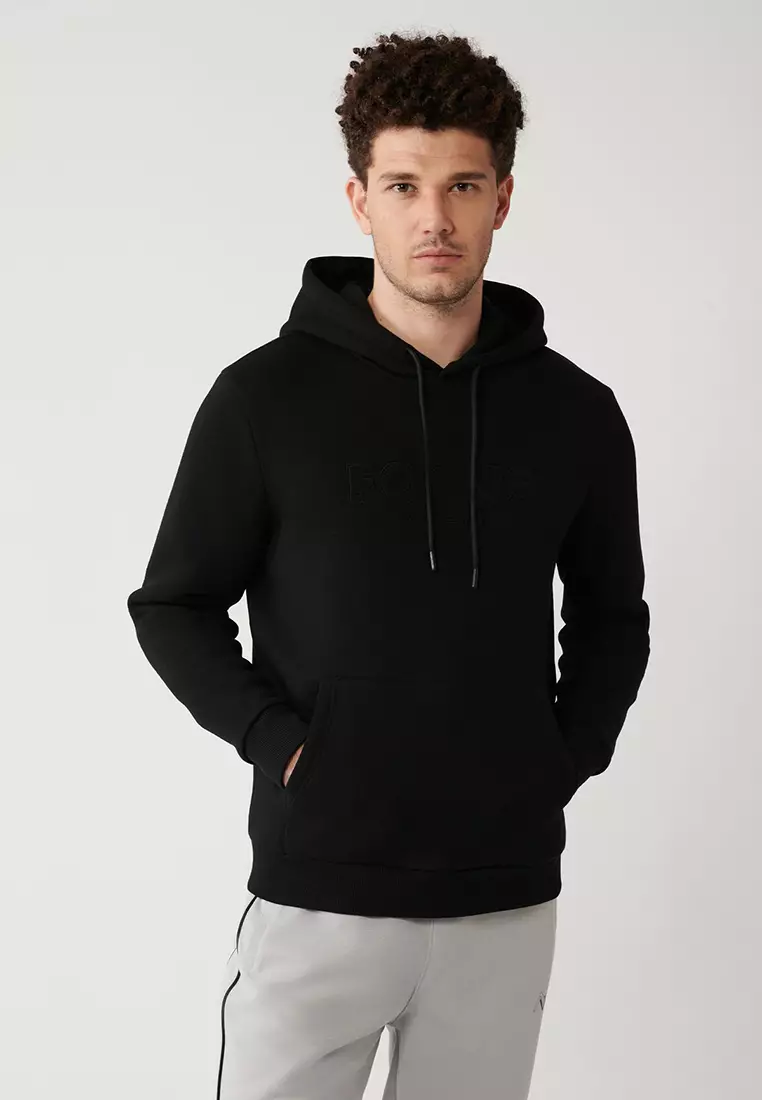 Men's Black Hooded 3 Thread Raised Kangaroo Pocket Sweatshirt A32Y1193